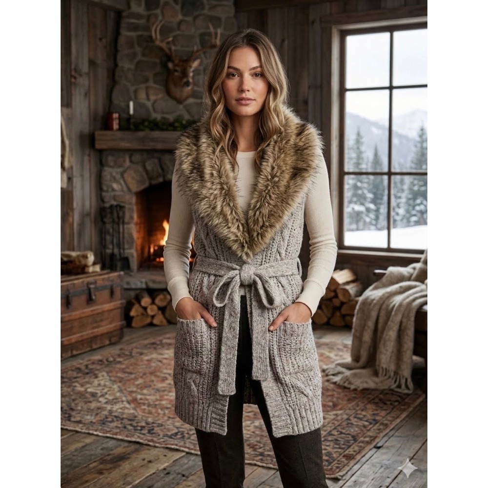 Angel of the North Faux Fur Collar Cable Knit Belted Long Vest Oatmeal Marl